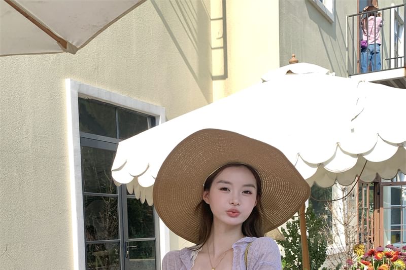 Bow Spaghetti A-Line Lace Melange Strap Ruched Mini Cardigan Dress Ruffle Trim Panel /