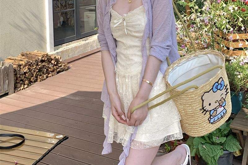 Bow Spaghetti A-Line Lace Melange Strap Ruched Mini Cardigan Dress Ruffle Trim Panel /