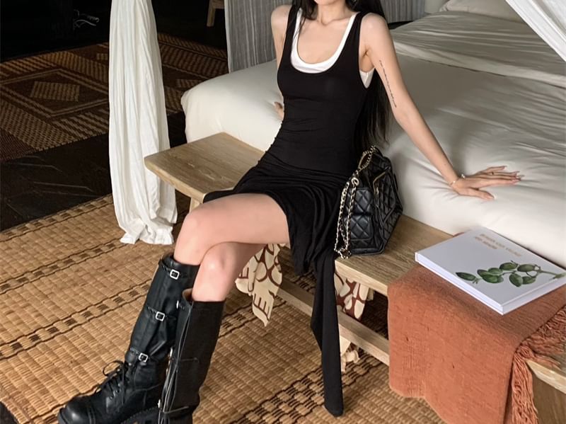 Asymmetrical Tank Set: Slim Mini + Top Bodycon Scoop Fit Neck Dress Plain Sleeveless