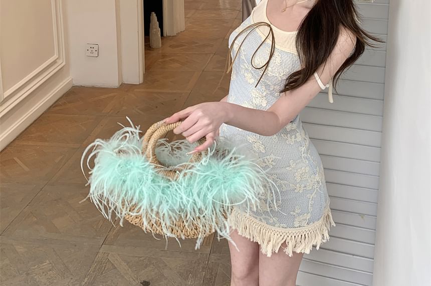 Dress Mini Bodycon Spaghetti Two-Piece Mock Fringed Floral Strap