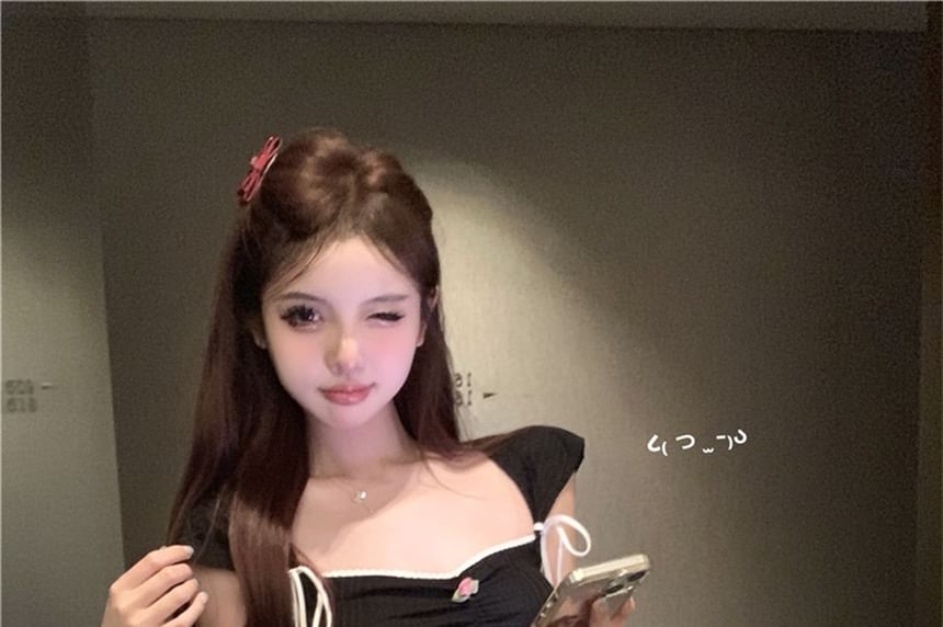 Fit T-Shirt Cap-Sleeve Bow Contrast Trim Crop Slim