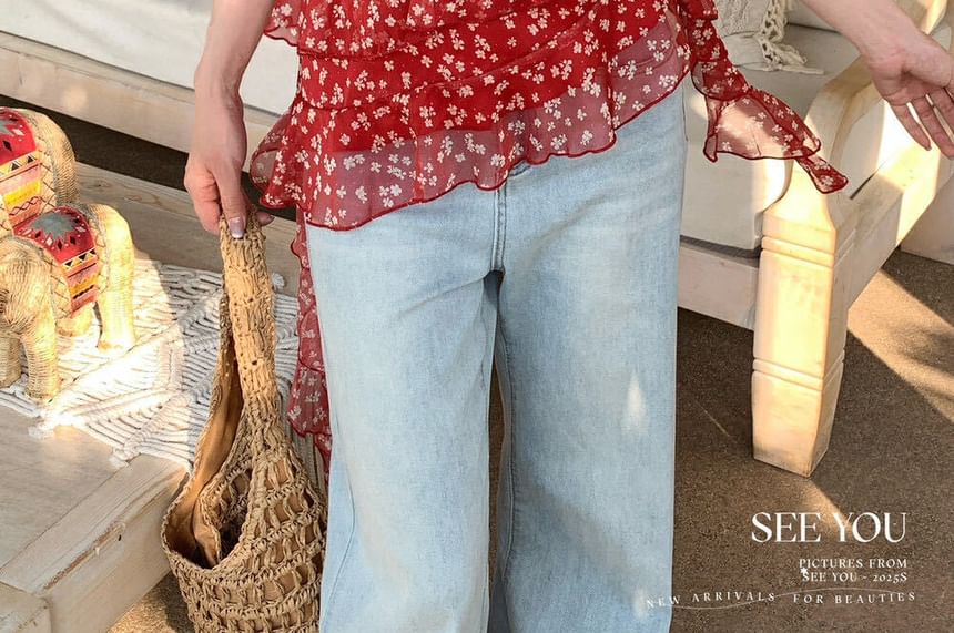 Asymmetrical Top + Floral Ruffle Trim Scrunchie Set: Cami