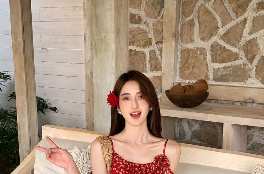 Asymmetrical Top + Floral Ruffle Trim Scrunchie Set: Cami