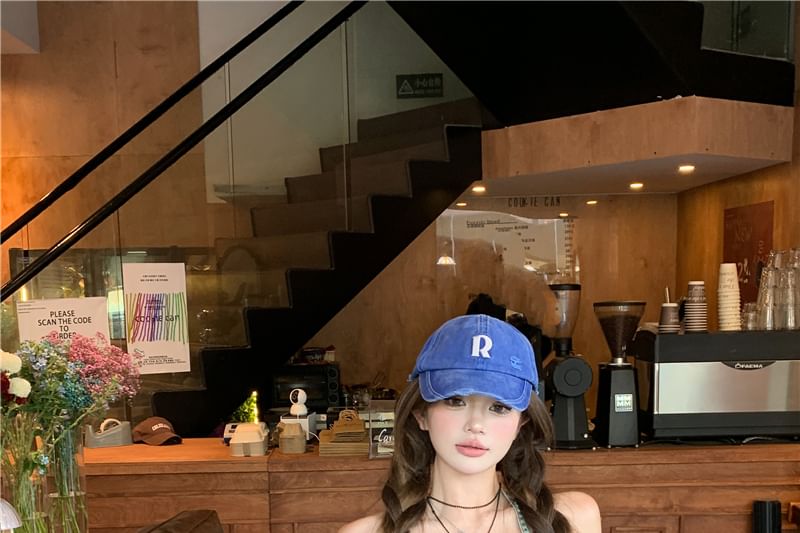 Button High Fit Mini Top Halter Waist Slim Crop Studded Denim Belted Skirt + Pencil Set: Camisole Frayed