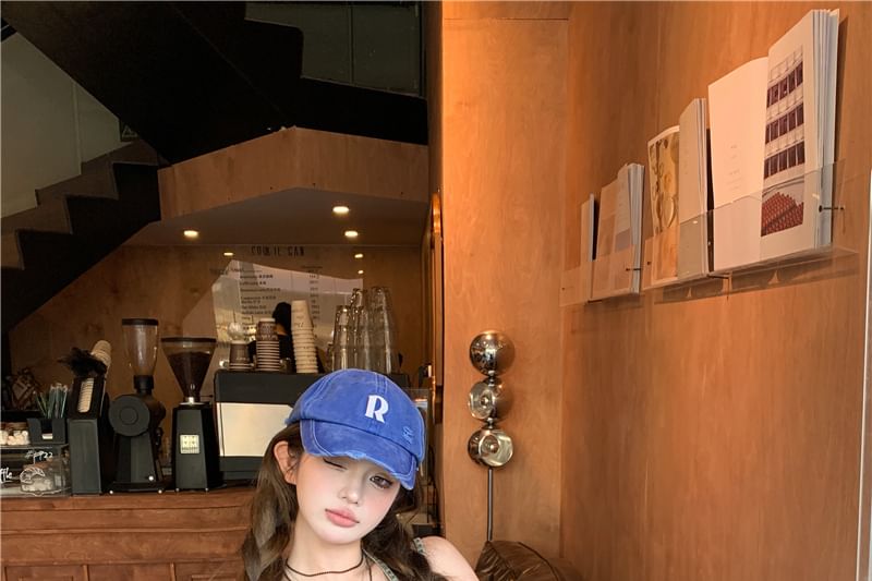 Button High Fit Mini Top Halter Waist Slim Crop Studded Denim Belted Skirt + Pencil Set: Camisole Frayed