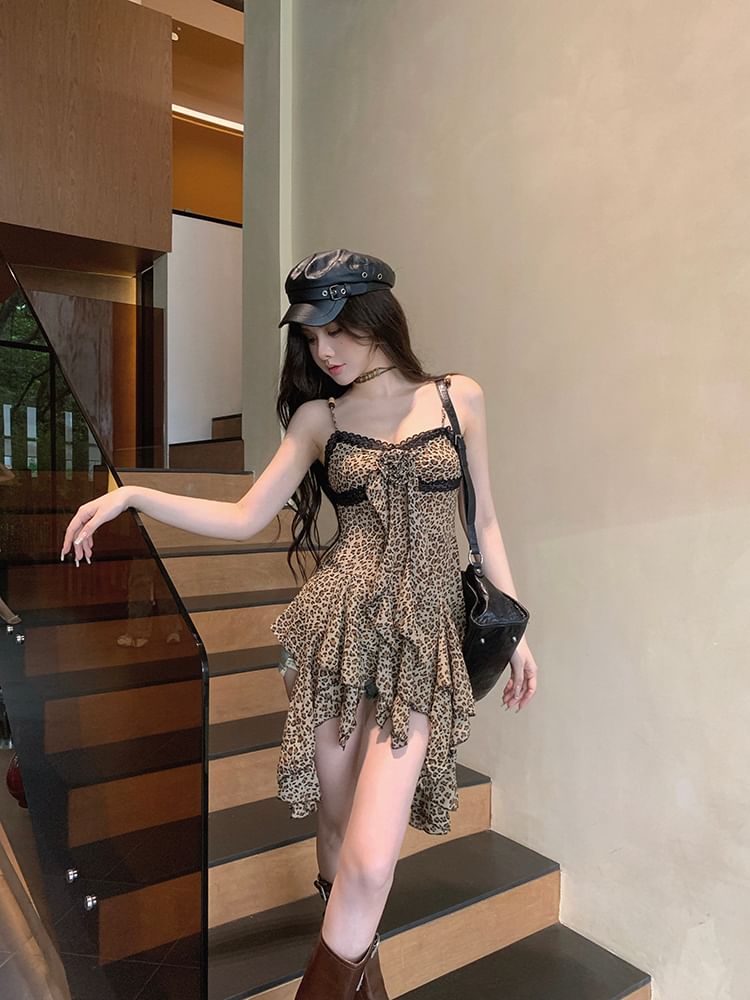 Strap Mini Trim Leopard Print Lace Asymmetrical A-Line Spaghetti Dress
