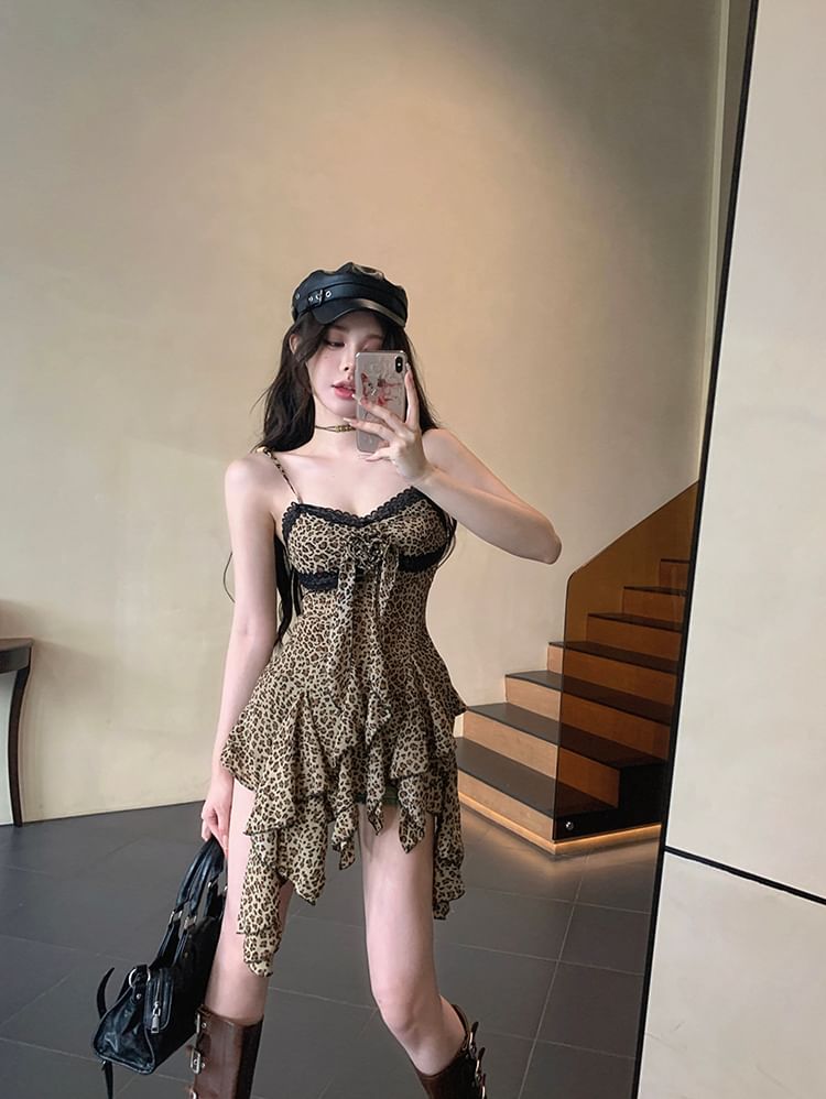 Strap Mini Trim Leopard Print Lace Asymmetrical A-Line Spaghetti Dress