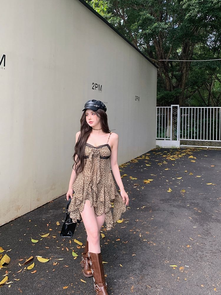 Strap Mini Trim Leopard Print Lace Asymmetrical A-Line Spaghetti Dress