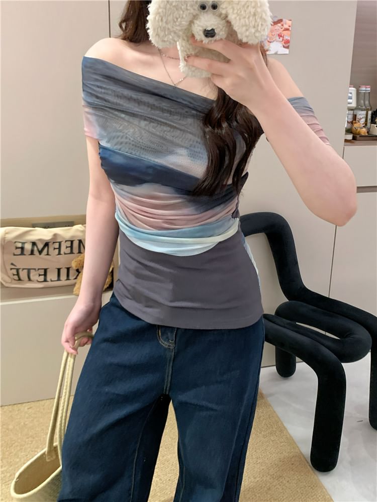 Fit Top Off-Shoulder Block Slim Color Mesh Short-Sleeve