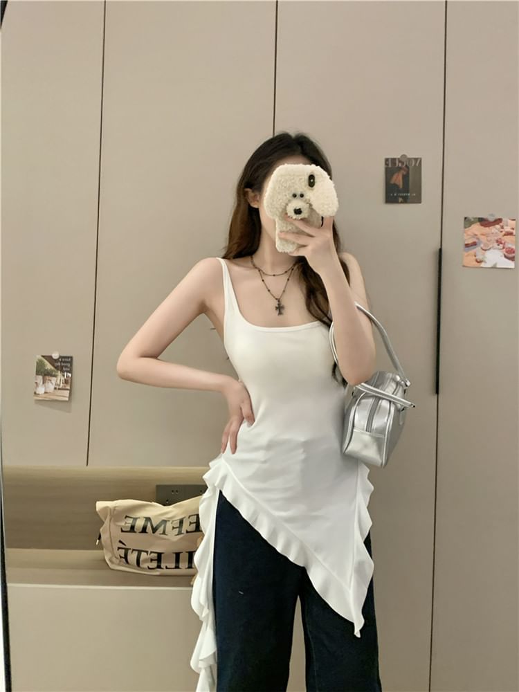 Long Ruffle Neck Square Slim Tank Asymmetrical Trim Plain Fit Top