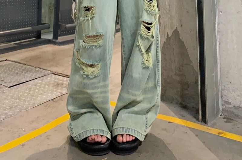 Ripped Rise Leg Wide High Jeans Washed