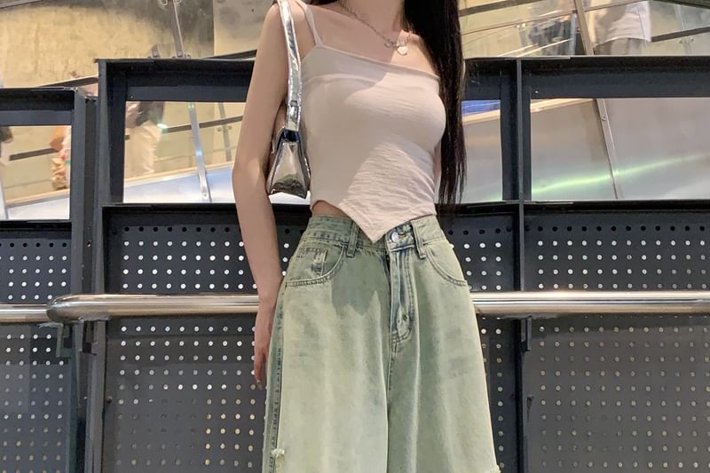 Ripped Rise Leg Wide High Jeans Washed