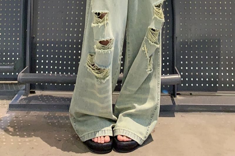 Ripped Rise Leg Wide High Jeans Washed