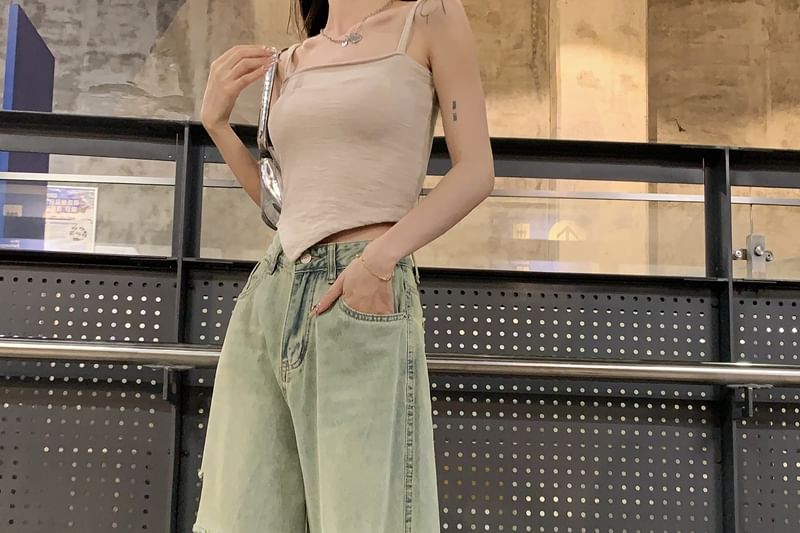 Ripped Rise Leg Wide High Jeans Washed