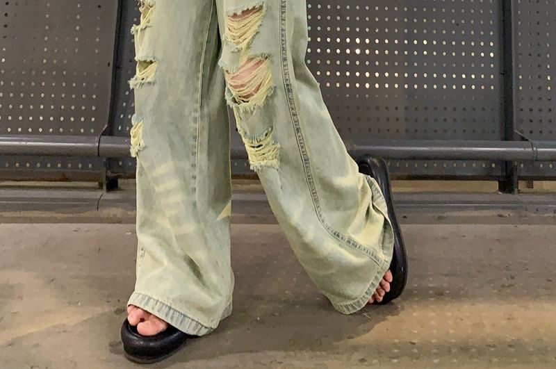 Ripped Rise Leg Wide High Jeans Washed