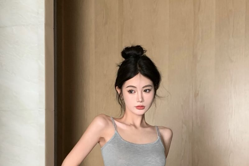 Mini Cardigan Set Crop Skirt Elastic Camisole Fit Melange Pencil Top Slim Waist Drawstring /