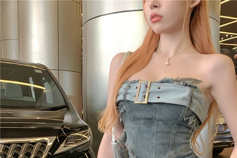 Crop Tube Belted Top Asymmetrical A-Line Denim Tiered Mini Skirt + High Set: Waist