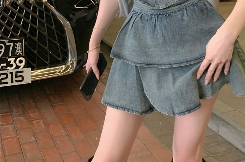 Crop Tube Belted Top Asymmetrical A-Line Denim Tiered Mini Skirt + High Set: Waist