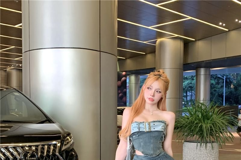 Crop Tube Belted Top Asymmetrical A-Line Denim Tiered Mini Skirt + High Set: Waist