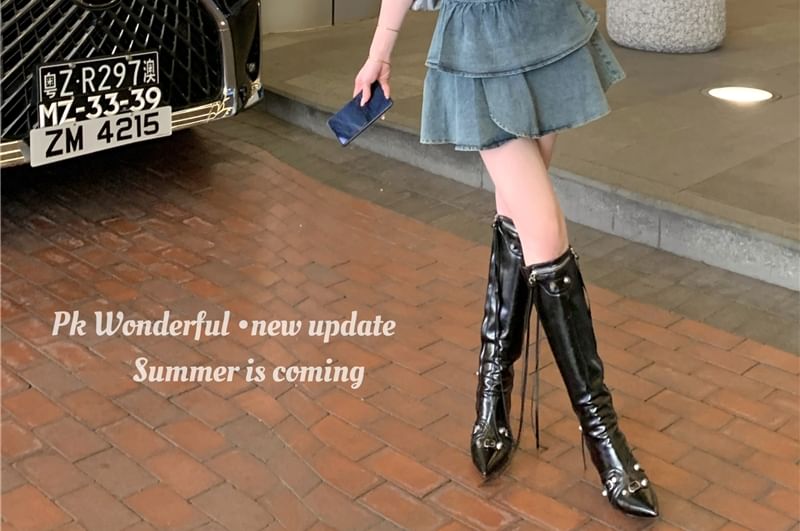 Crop Tube Belted Top Asymmetrical A-Line Denim Tiered Mini Skirt + High Set: Waist