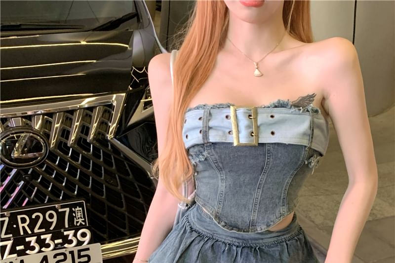 Crop Tube Belted Top Asymmetrical A-Line Denim Tiered Mini Skirt + High Set: Waist