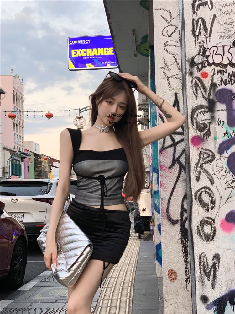 Two Crop Tone Tank Bow Top Square Slim Fit Neck