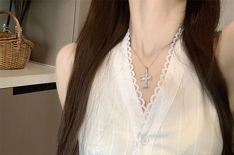 Slim V-Neck Button Top Tank Lace Fit Plain Trim