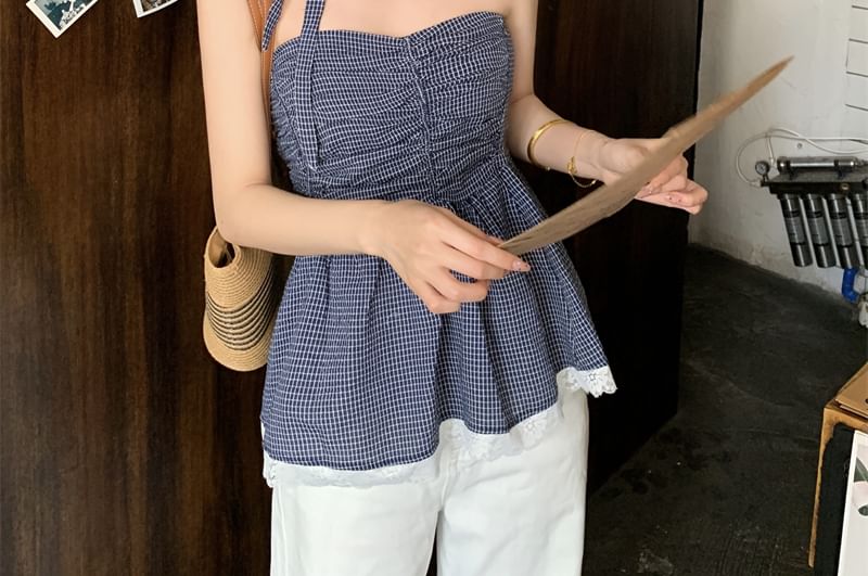 Peplum Top Ruched Tube Trim Plaid Lace