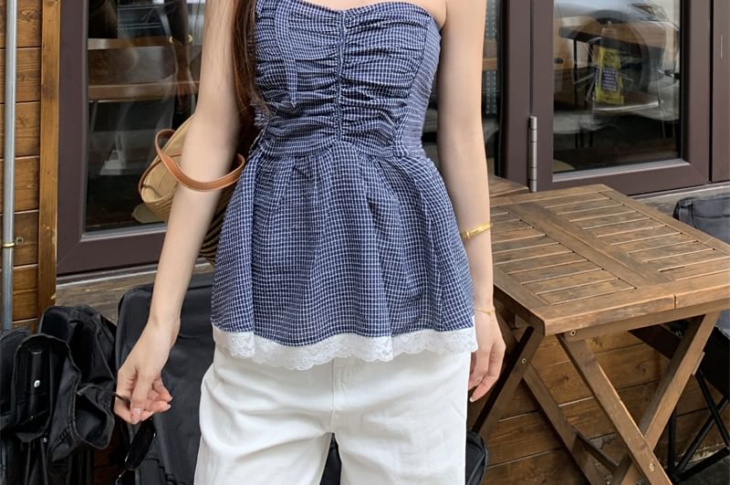 Peplum Top Ruched Tube Trim Plaid Lace