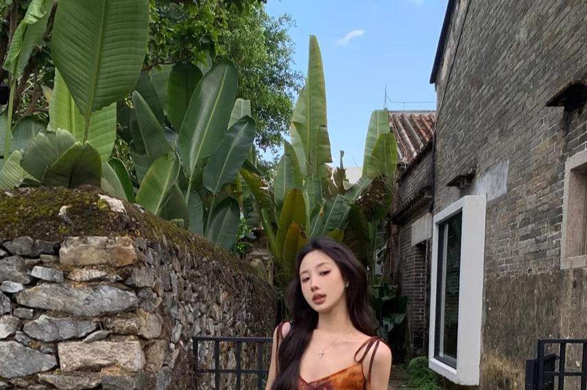 Tie Camisole Long Dye Top Asymmetrical