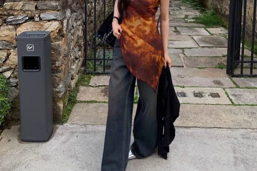 Tie Camisole Long Dye Top Asymmetrical