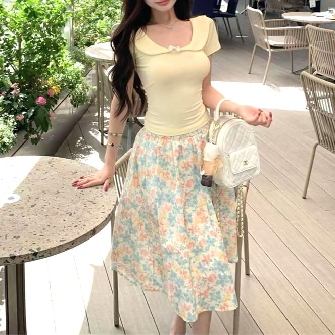 Midi Fit Neck Bow Short-Sleeve Floral T-Shirt Waist Elastic Slim Skirt A-Line Scoop /