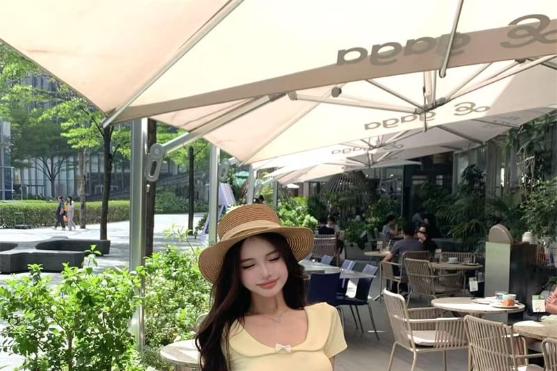 Midi Fit Neck Bow Short-Sleeve Floral T-Shirt Waist Elastic Slim Skirt A-Line Scoop /