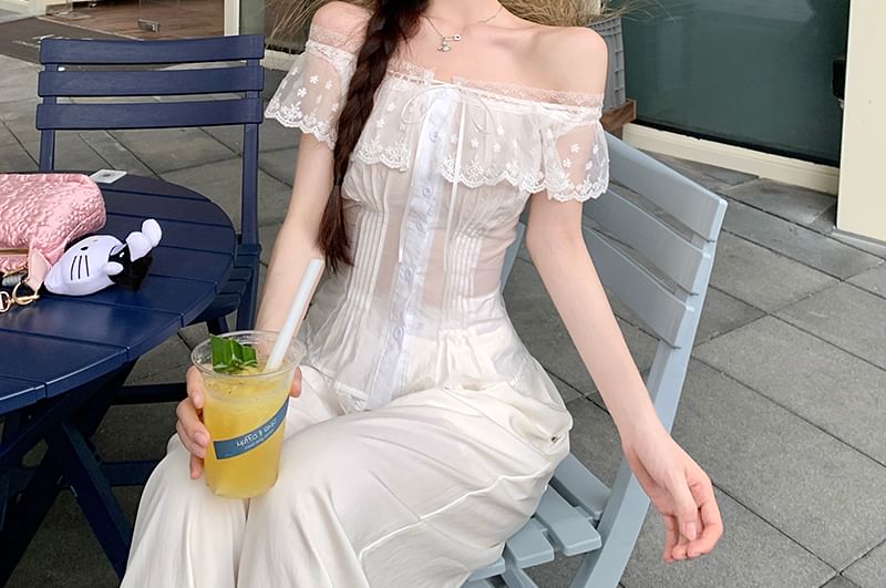Blouse Lace Fit Cap-Sleeve Slim Off-Shoulder Panel Pintuck