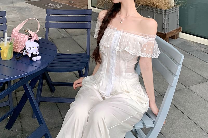 Blouse Lace Fit Cap-Sleeve Slim Off-Shoulder Panel Pintuck
