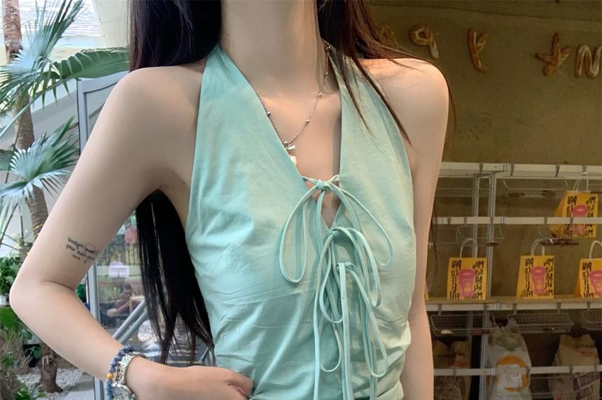 Bubble V-Neck A-Line Bow Mini Halter Plain Hem Skirt