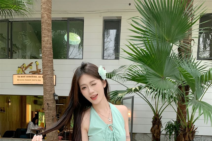 Bubble V-Neck A-Line Bow Mini Halter Plain Hem Skirt