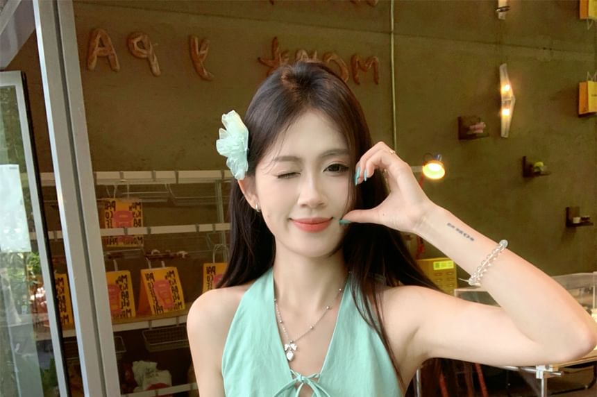 Bubble V-Neck A-Line Bow Mini Halter Plain Hem Skirt