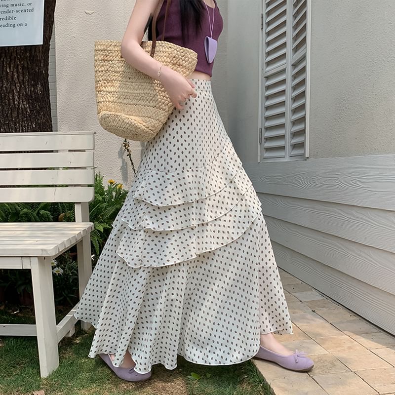 Midi Skirt A-Line Floral Waist Tiered High Asymmetrical