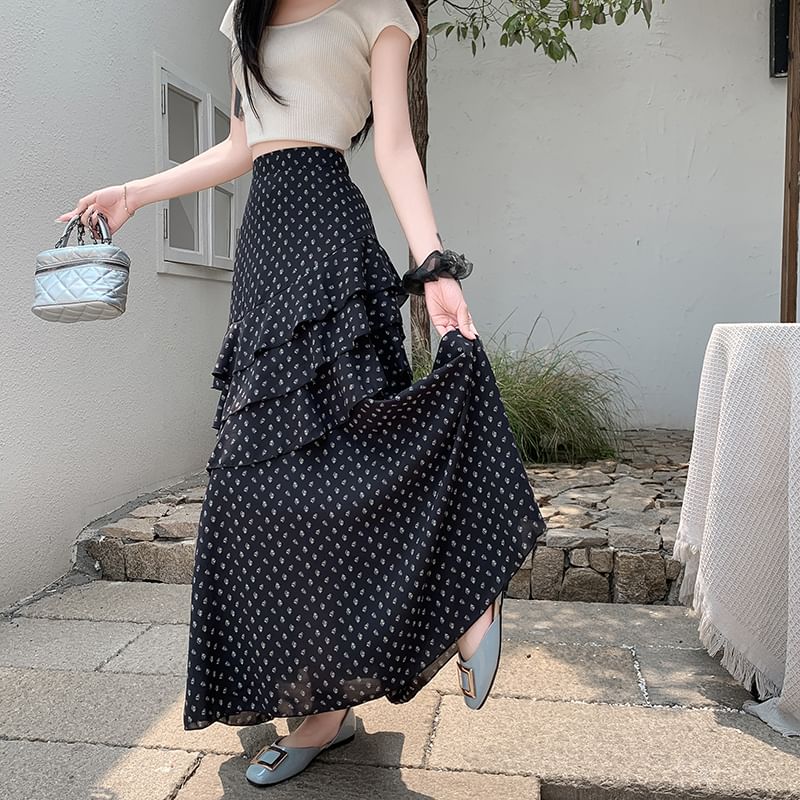 Midi Skirt A-Line Floral Waist Tiered High Asymmetrical