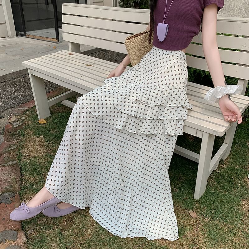Midi Skirt A-Line Floral Waist Tiered High Asymmetrical