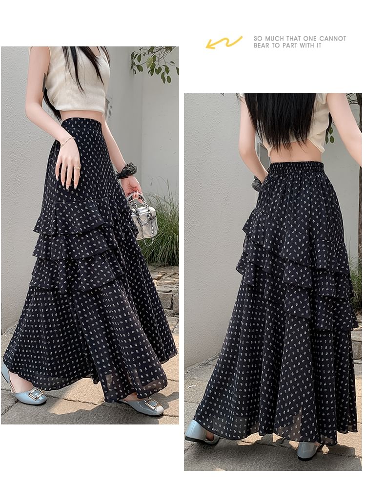 Midi Skirt A-Line Floral Waist Tiered High Asymmetrical