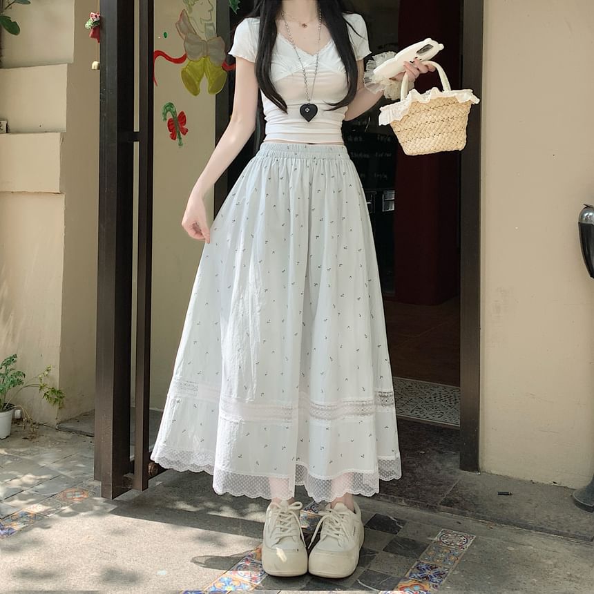 Lace Skirt Midi Panel Waist Elastic A-Line Floral