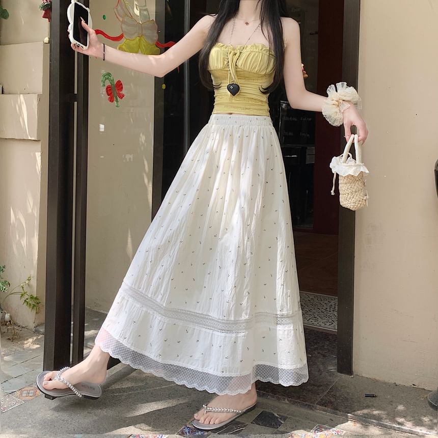 Lace Skirt Midi Panel Waist Elastic A-Line Floral