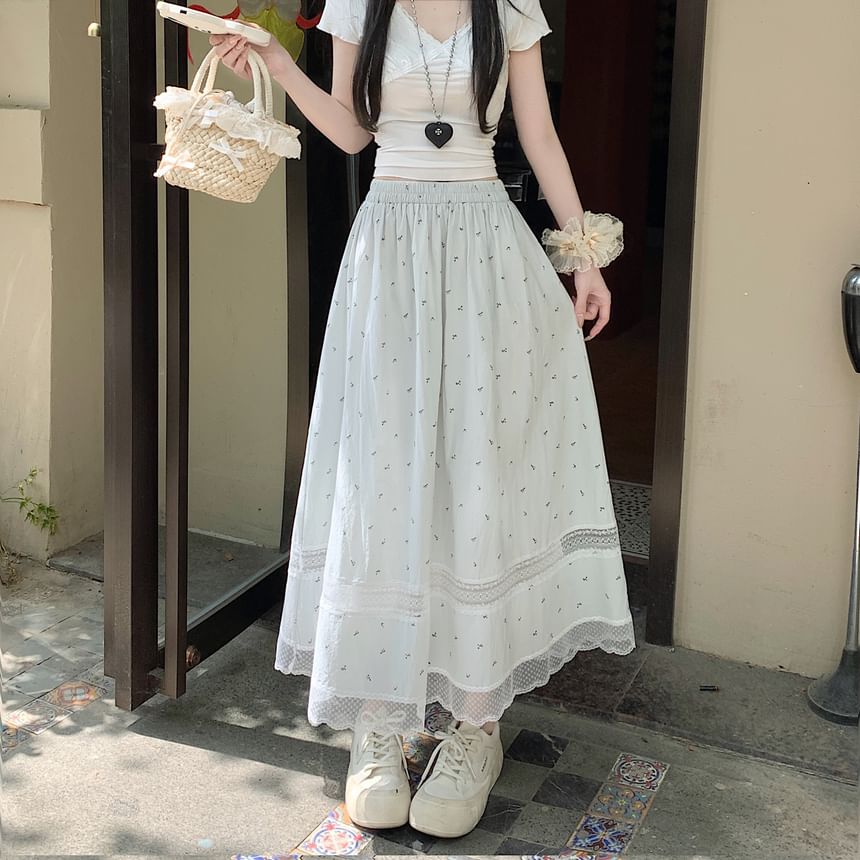 Lace Skirt Midi Panel Waist Elastic A-Line Floral