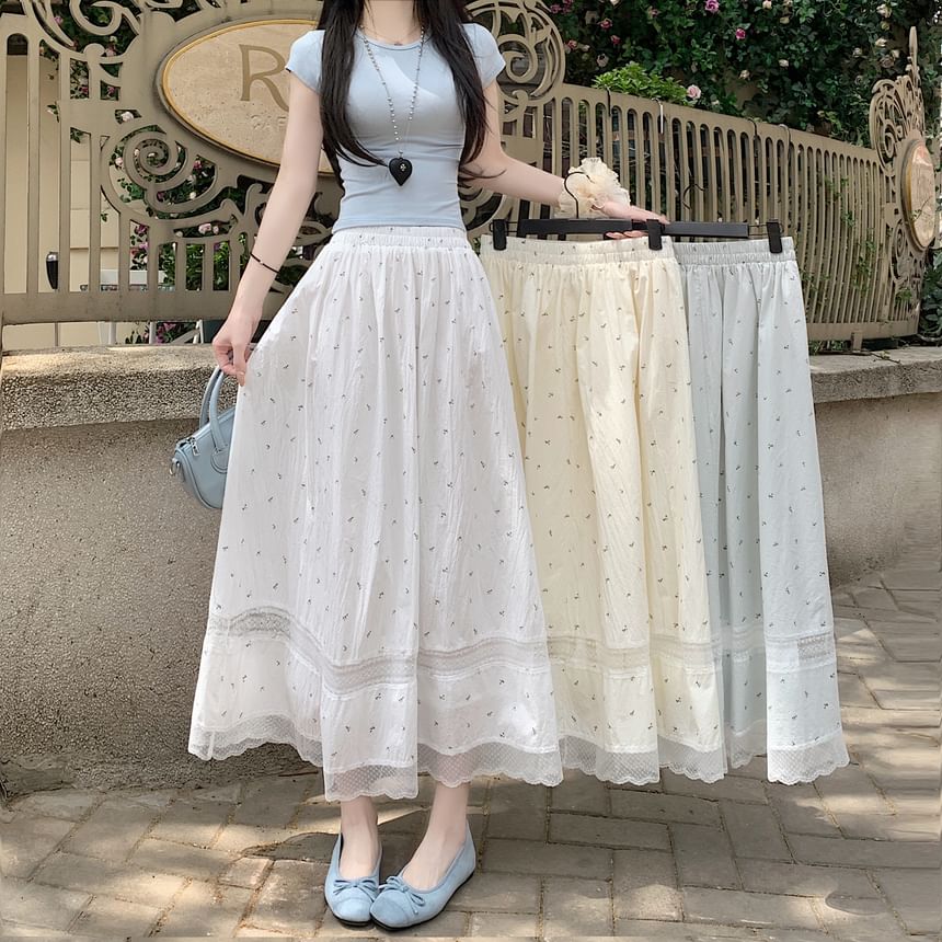 Lace Skirt Midi Panel Waist Elastic A-Line Floral