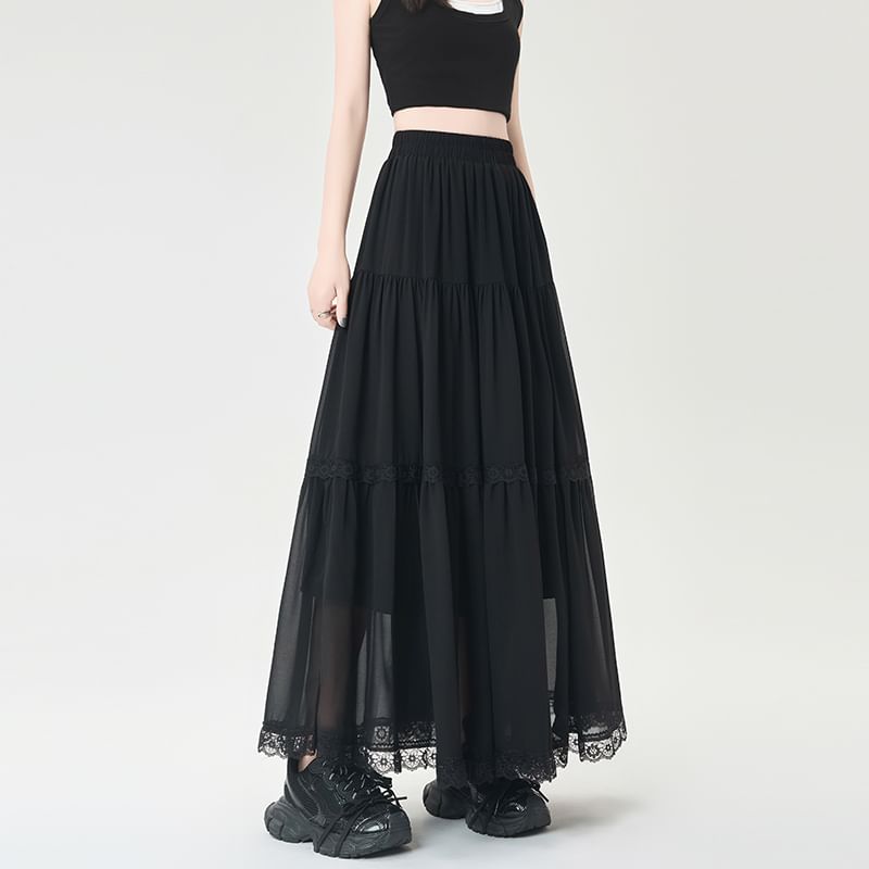 Waist Midi Skirt Plain Lace A-Line Trim Elastic Tiered