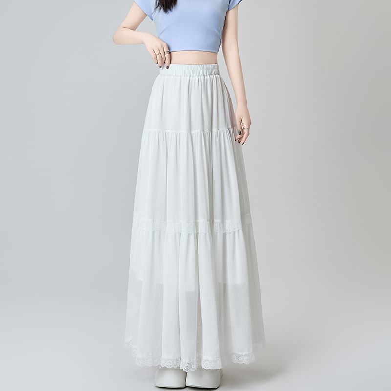 Waist Midi Skirt Plain Lace A-Line Trim Elastic Tiered