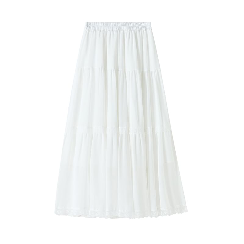 Waist Midi Skirt Plain Lace A-Line Trim Elastic Tiered