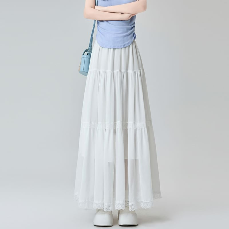 Waist Midi Skirt Plain Lace A-Line Trim Elastic Tiered
